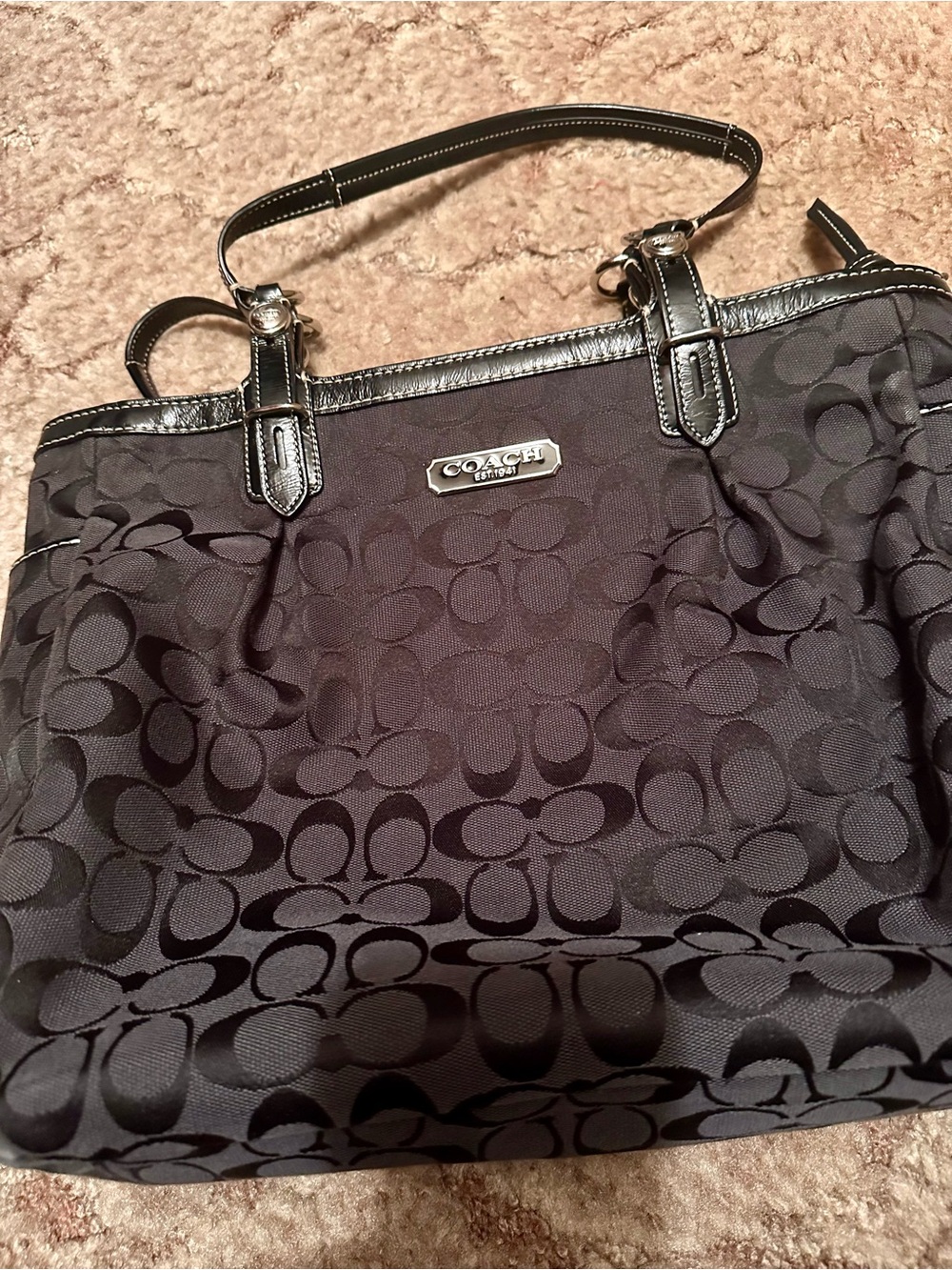 Coach Black Signature Jacquard Tote with Silver Plaque